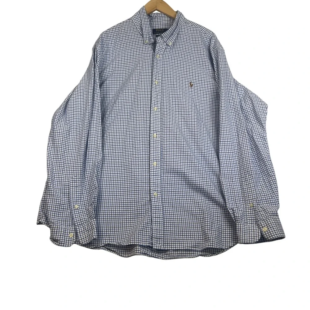 Polo Ralph Lauren Mens XXL Classic Fit Blue White Check Cotton Button Down Shirt